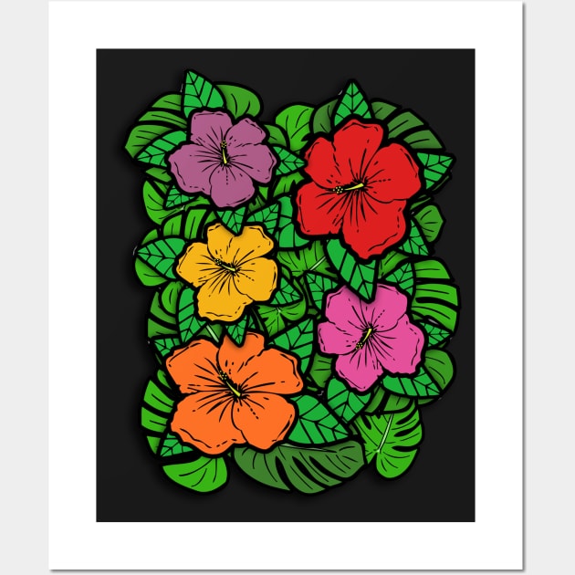 Hibiscus Flowers & Monstera Leaves Wall Art by RockettGraph1cs